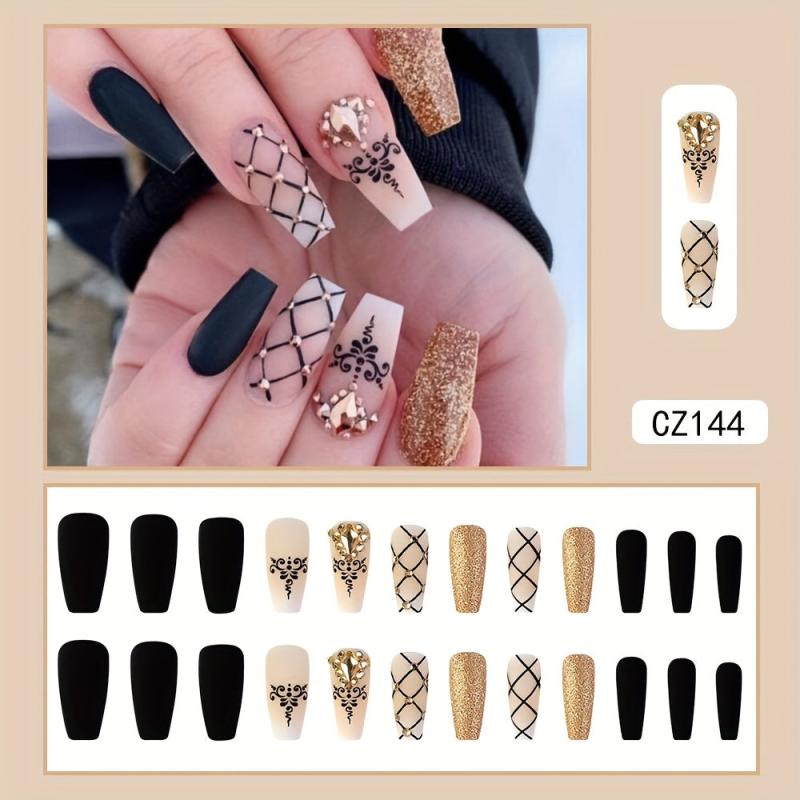 24 pcs Golden Glitter Coffin Press On Nails with Rhinestones and Plaid