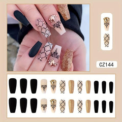 24 pcs Golden Glitter Coffin Press On Nails with Rhinestones and Plaid