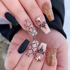24 pcs Golden Glitter Coffin Press On Nails with Rhinestones and Plaid