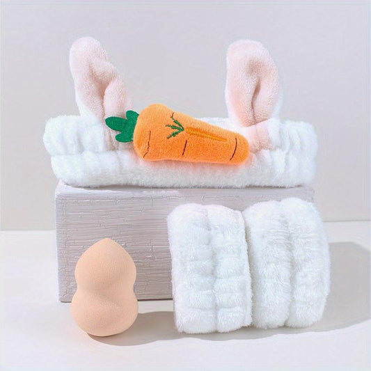 4pcs Makeup Sponge Headband & Wrist Washband Kit - Microfiber Towel Spa Headband