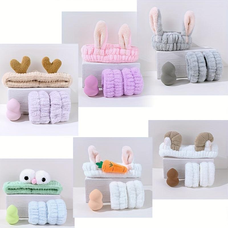 4pcs Makeup Sponge Headband & Wrist Washband Kit - Microfiber Towel Spa Headband