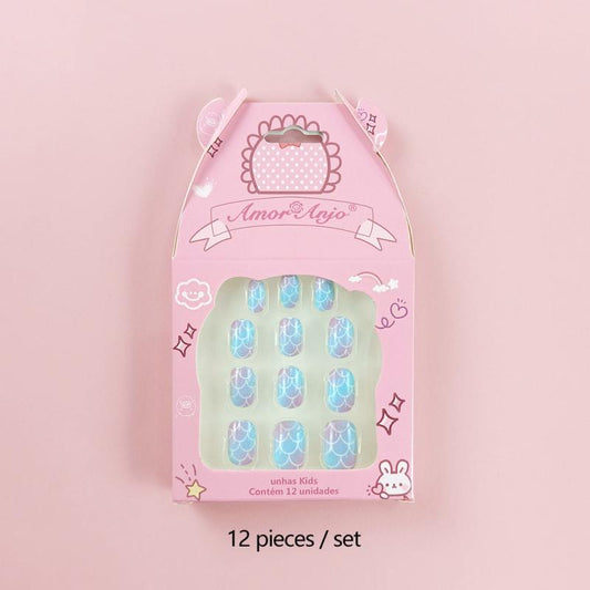 12 Pcs Geometric Print False Nails Round Glossy Press On Nails For School Girls