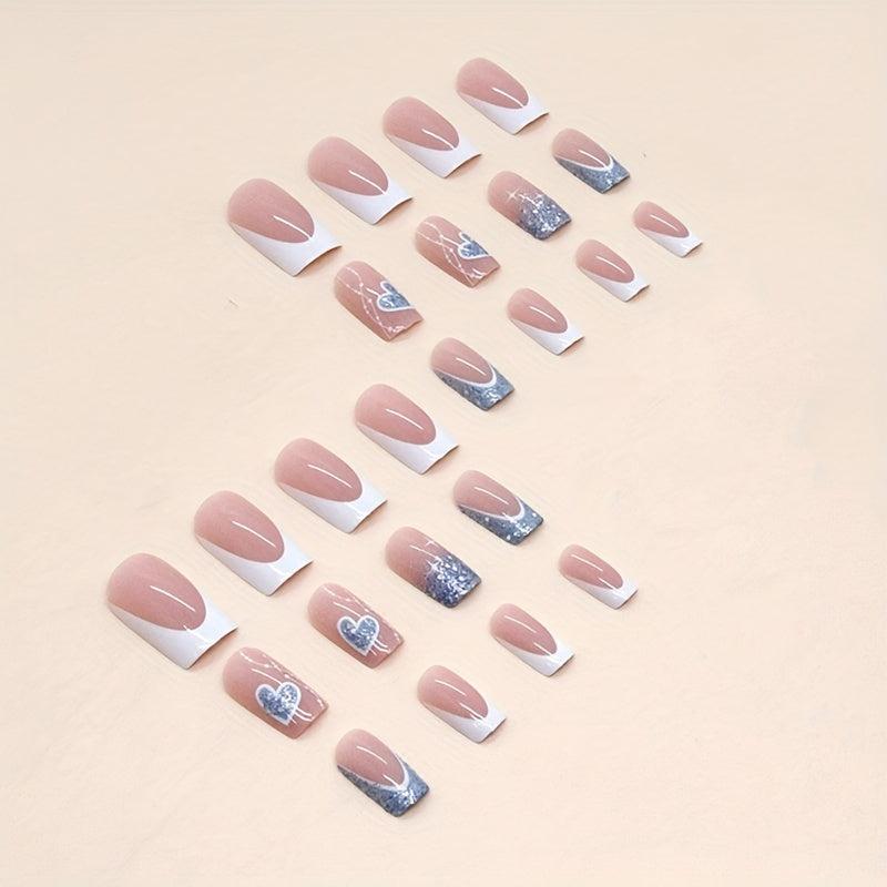 24pcs French Tip Press On Nails with Glitter Heart Medium Square False Nails