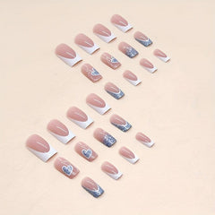 24pcs French Tip Press On Nails with Glitter Heart Medium Square False Nails