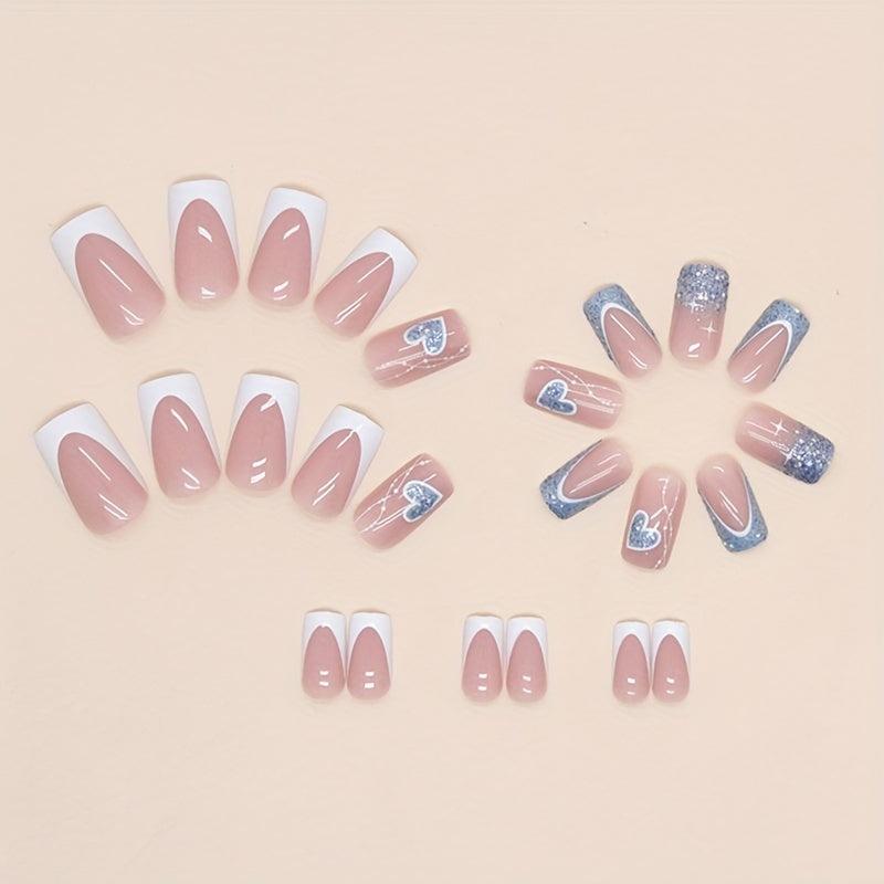 24pcs French Tip Press On Nails with Glitter Heart Medium Square False Nails