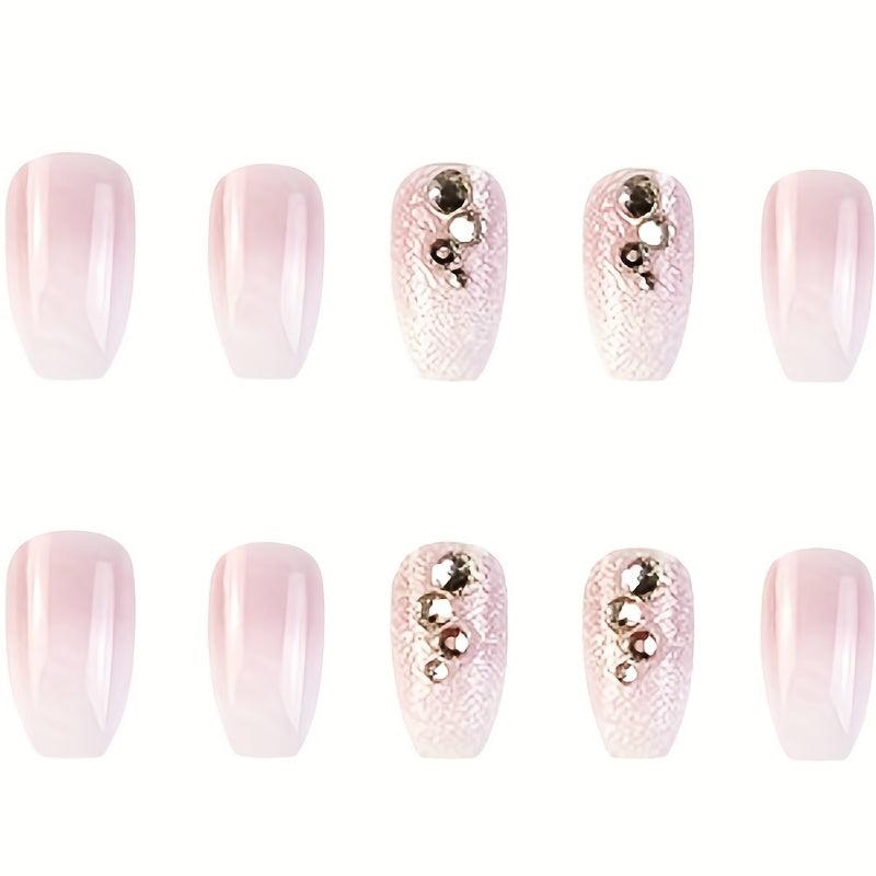 24pcs Pink Gradient Press On Nails with Glitter and Rhinestone Long Coffin
