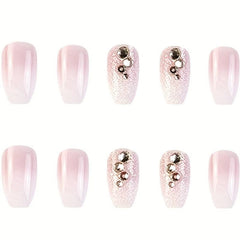 24pcs Pink Gradient Press On Nails with Glitter and Rhinestone Long Coffin