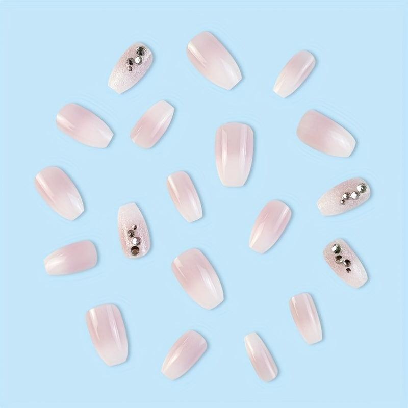 24pcs Pink Gradient Press On Nails with Glitter and Rhinestone Long Coffin