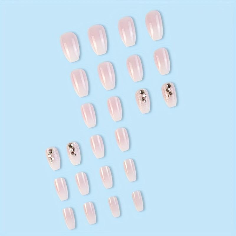 24pcs Pink Gradient Press On Nails with Glitter and Rhinestone Long Coffin