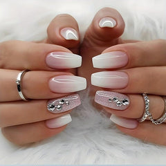 24pcs Pink Gradient Press On Nails with Glitter and Rhinestone Long Coffin