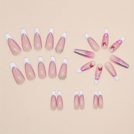 Pink Glitter Butterfly Press On Nails with Rhinestones for Women and Girl