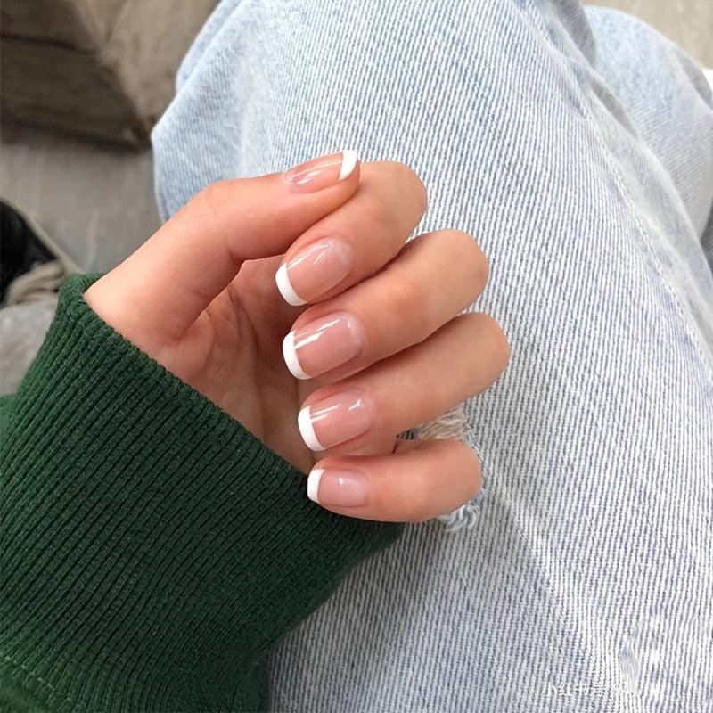 Square Pink Nude Press On Nails French Tips Acrylic Daily Wear