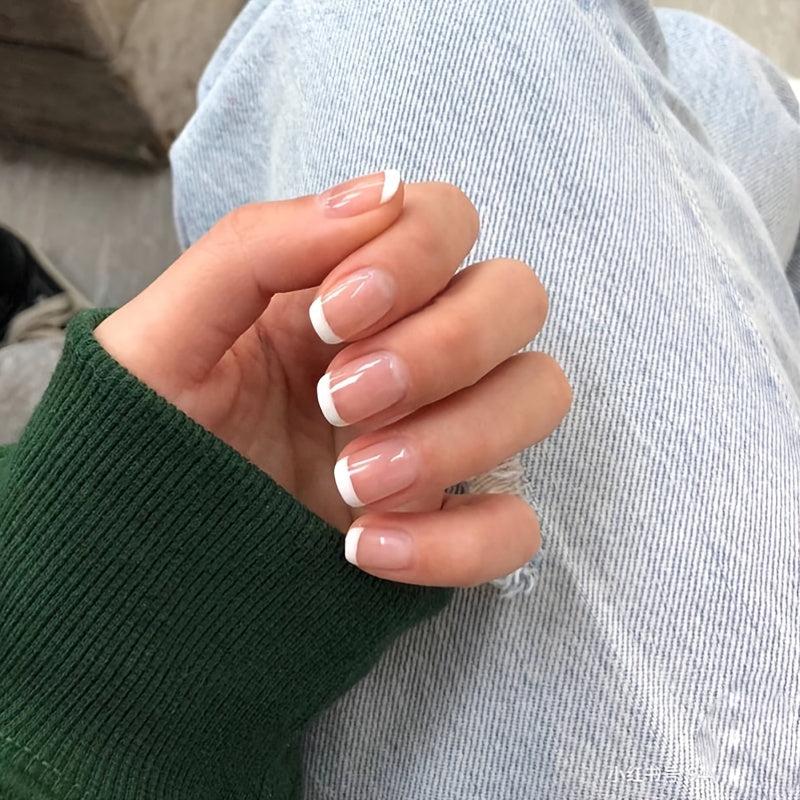 Square Pink Nude Press On Nails French Tips Acrylic Daily Wear