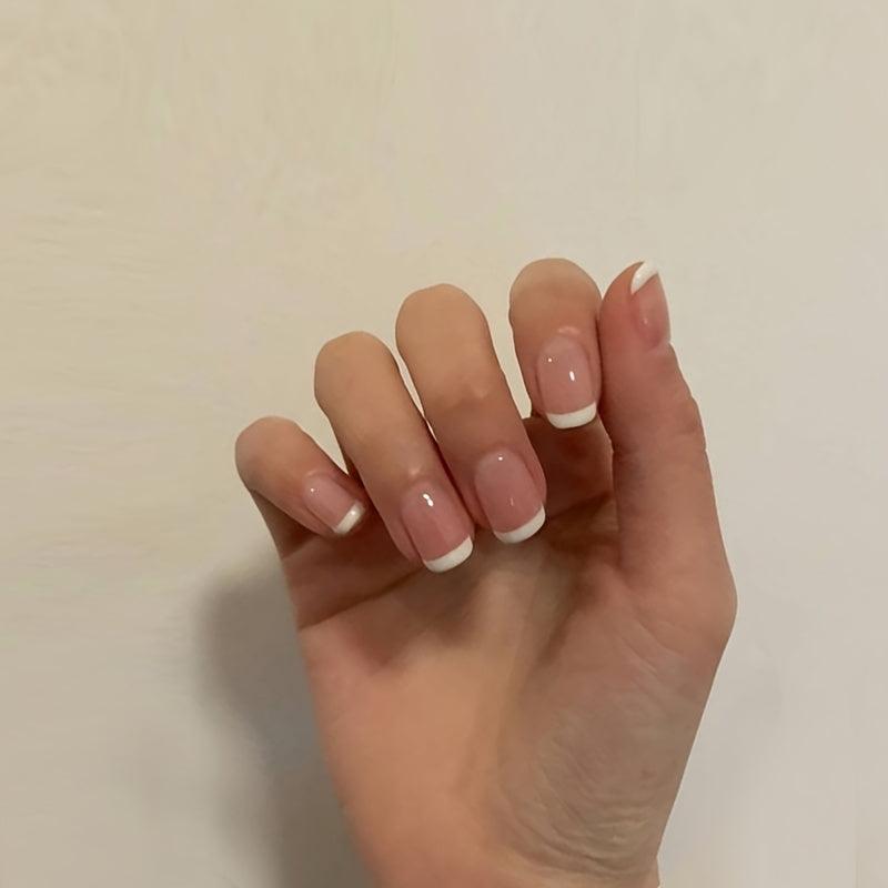Square Pink Nude Press On Nails French Tips Acrylic Daily Wear