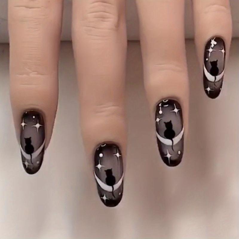 Gradient French Tip Press On Nails with Cat Star Moon