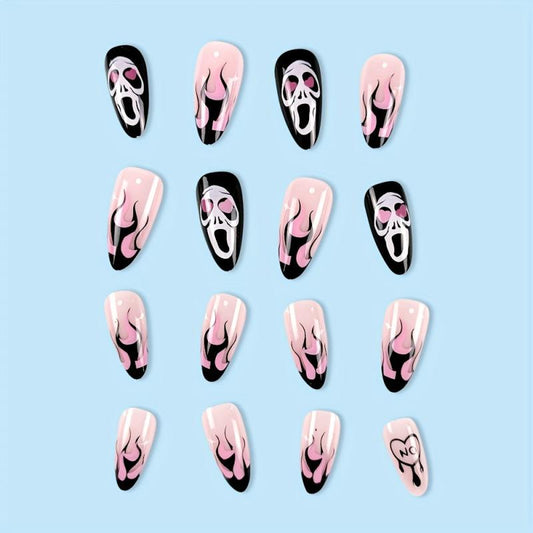 24pcs Halloween Pink Press On Nails with Ghost Flame Heart Almond False Nails