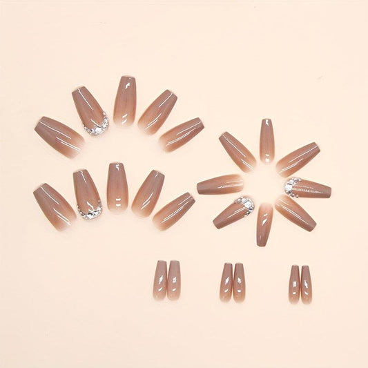 24pcs Caramel Brown Gradient Press On Nails with Rhinestone Full Cover