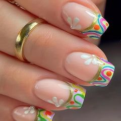 24pcs French Tip Press On Nails with Swirl Tips Flower