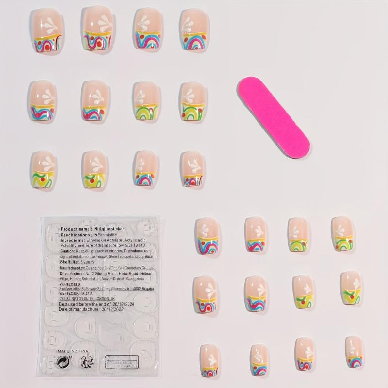 24pcs French Tip Press On Nails with Swirl Tips Flower