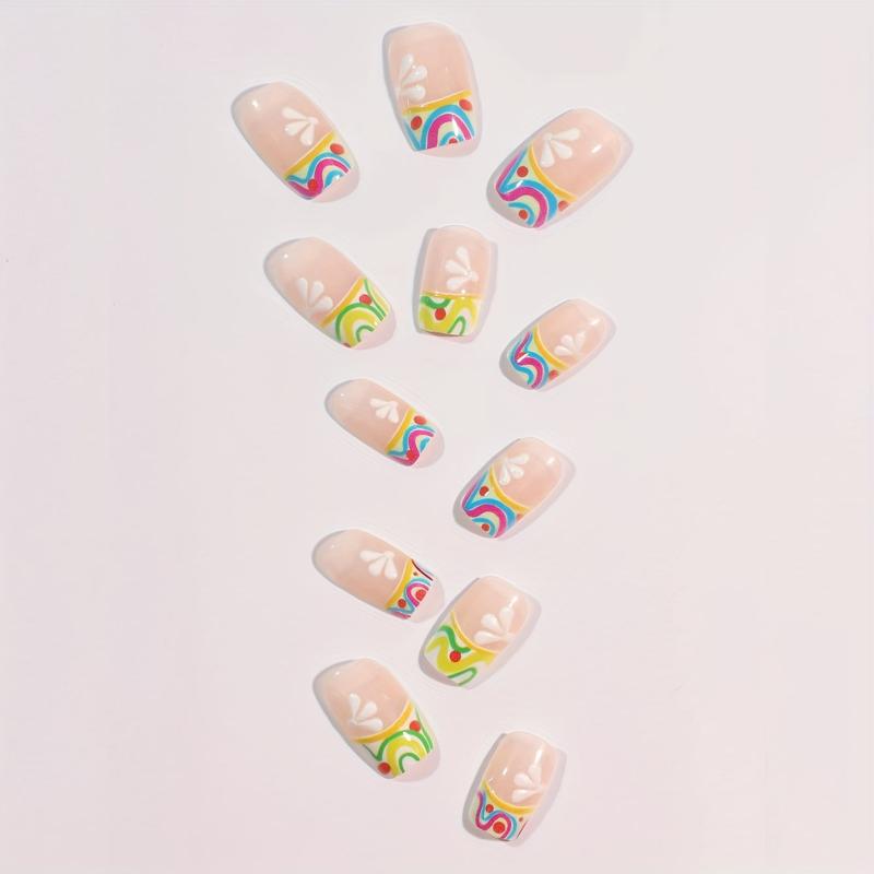 24pcs French Tip Press On Nails with Swirl Tips Flower