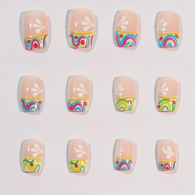 24pcs French Tip Press On Nails with Swirl Tips Flower