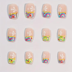 24pcs French Tip Press On Nails with Swirl Tips Flower