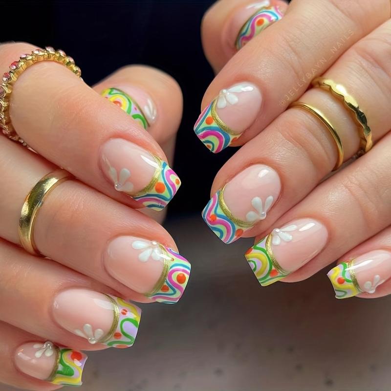 24pcs French Tip Press On Nails with Swirl Tips Flower