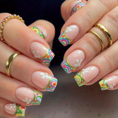24pcs French Tip Press On Nails with Swirl Tips Flower