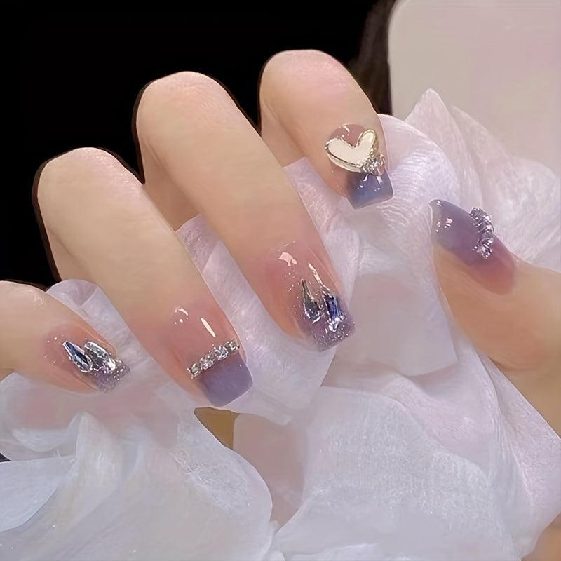 Y2K French Tip Press On Nails with Purple Tip and Rhinestones