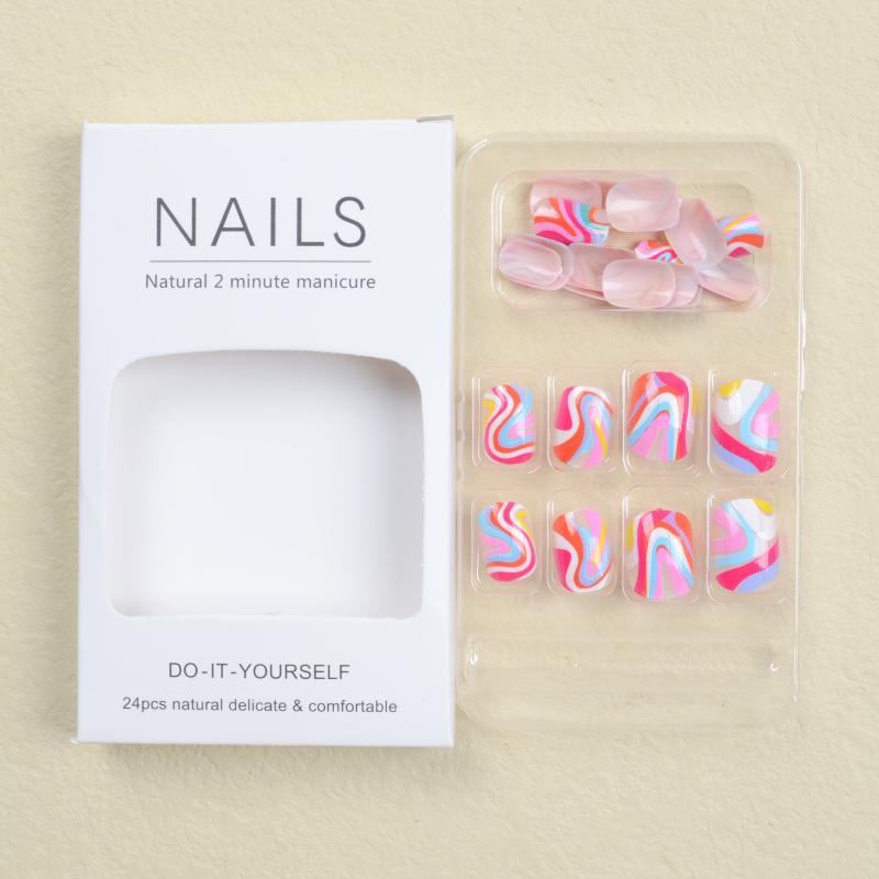 24pcs Rainbow Swirl Press On Nails Glossy Full Coverage Short Oval False Nails