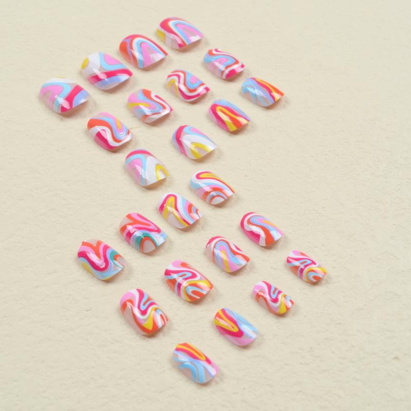 24pcs Rainbow Swirl Press On Nails Glossy Full Coverage Short Oval False Nails