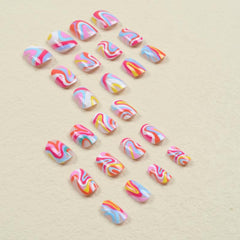 24pcs Rainbow Swirl Press On Nails Glossy Full Coverage Short Oval False Nails