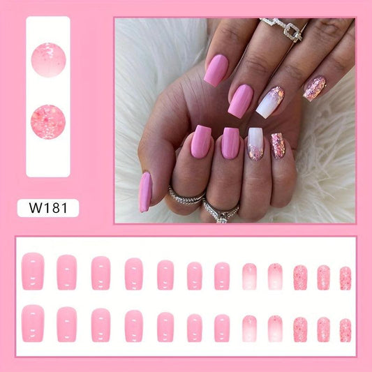 24pcs Glossy Pink Ombre Press On Nails with Sequin Short Square False Nails