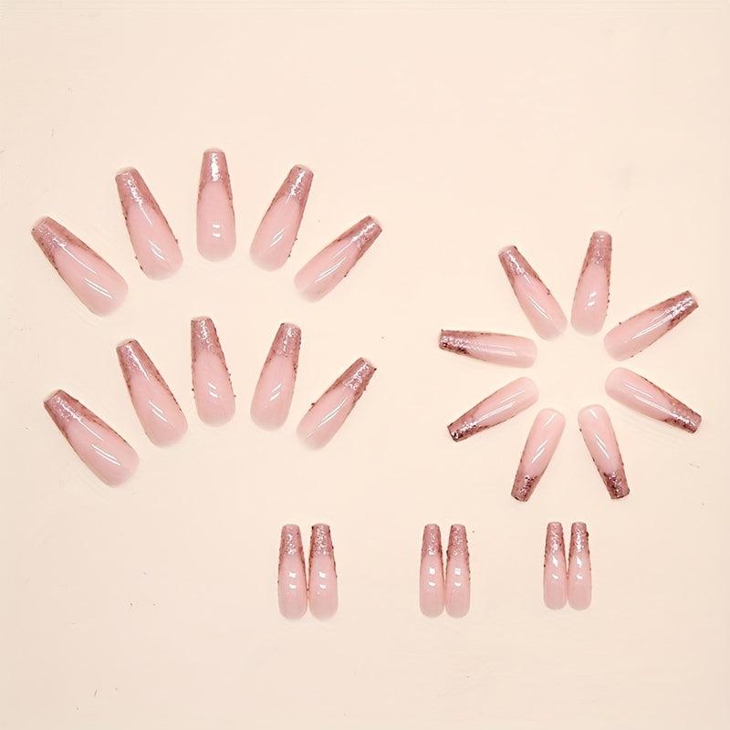 24pcs Pink Glitter Sequin Press-On Nails Extra Long False Nails with Glue