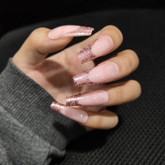 24pcs Pink Glitter Sequin Press-On Nails Extra Long False Nails with Glue