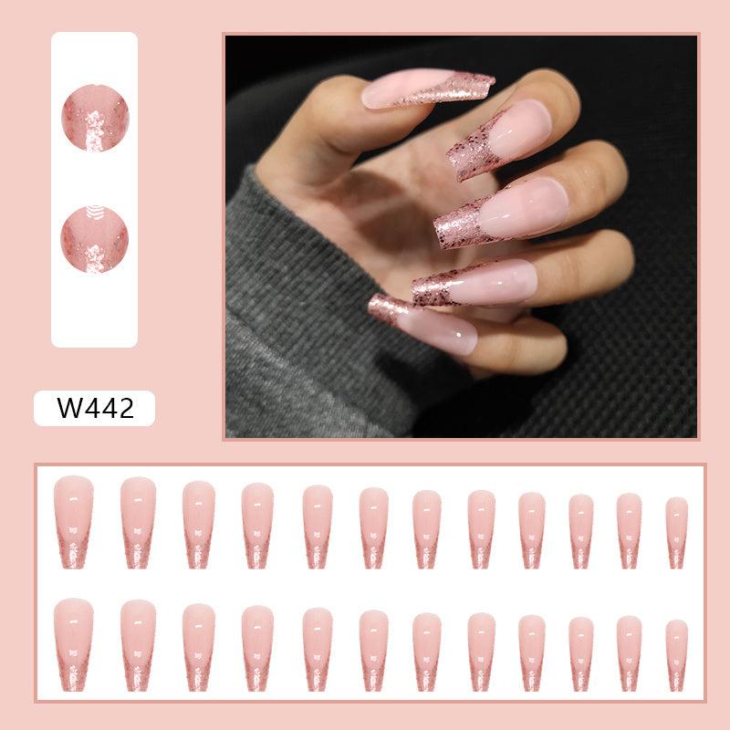 24pcs Pink Glitter Sequin Press-On Nails Extra Long False Nails with Glue