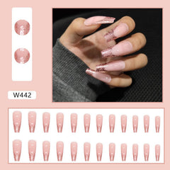 24pcs Pink Glitter Sequin Press-On Nails Extra Long False Nails with Glue
