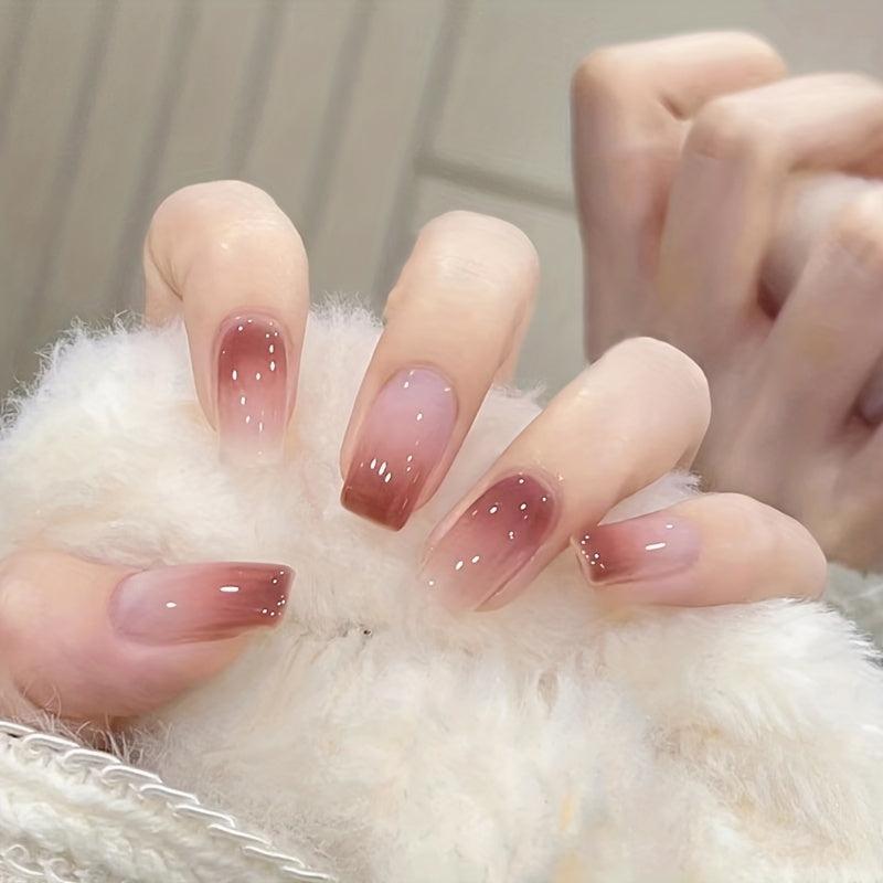 Glossy Gradient Pink Press On Nails Medium Square Shape Acrylic Nails Kit