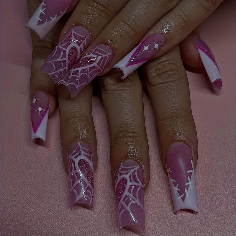 24pcs Halloween Press On Nails Rose Red Spider Web False Nails for Women Girls