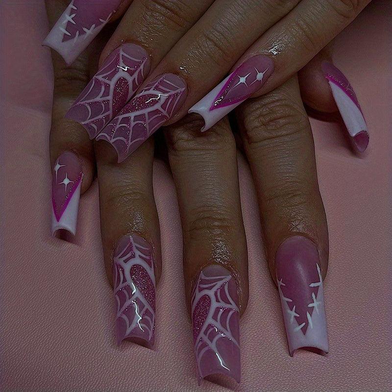 24pcs Halloween Press On Nails Rose Red Spider Web False Nails for Women Girls