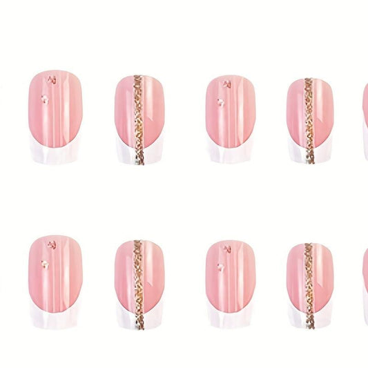 24pcs Golden Glitter Swirls French Tip Press On Nails Square Acrylic Nails