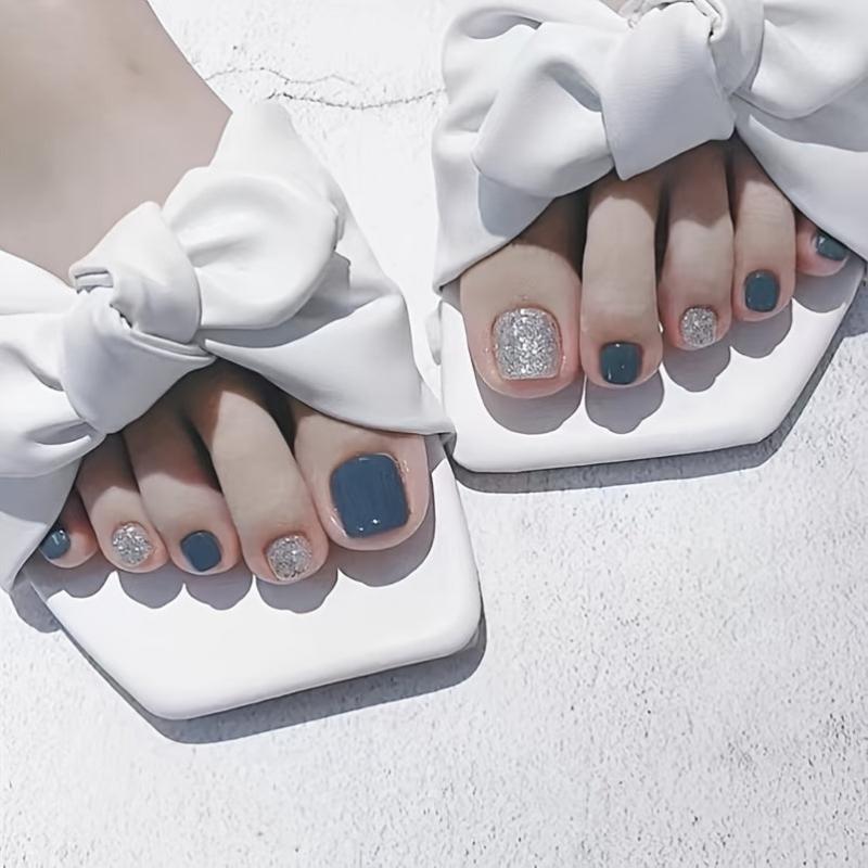 Matte Square False Toenails With Glitter - Full Cover Nail Tip Foot Nails