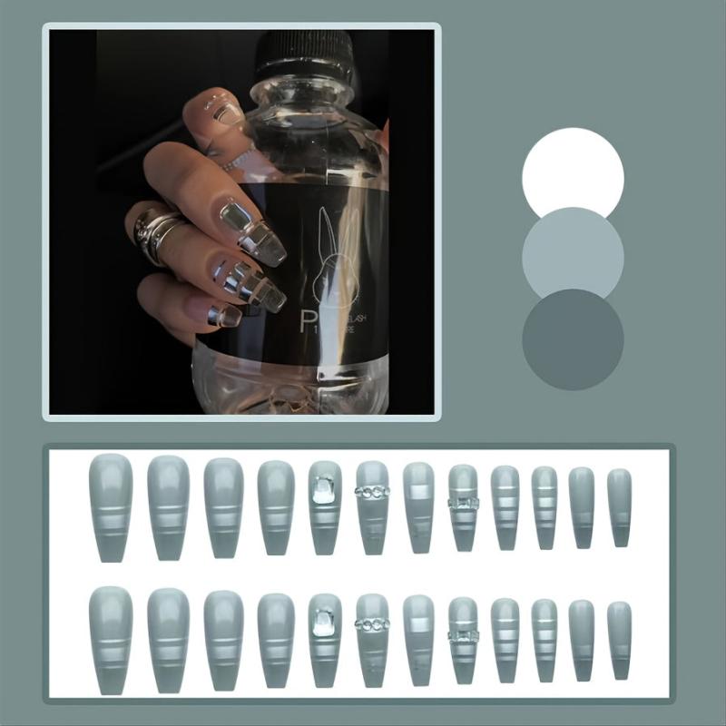 24 pcs Silver Coffin Press On Nails Glossy French Tips Universe Design