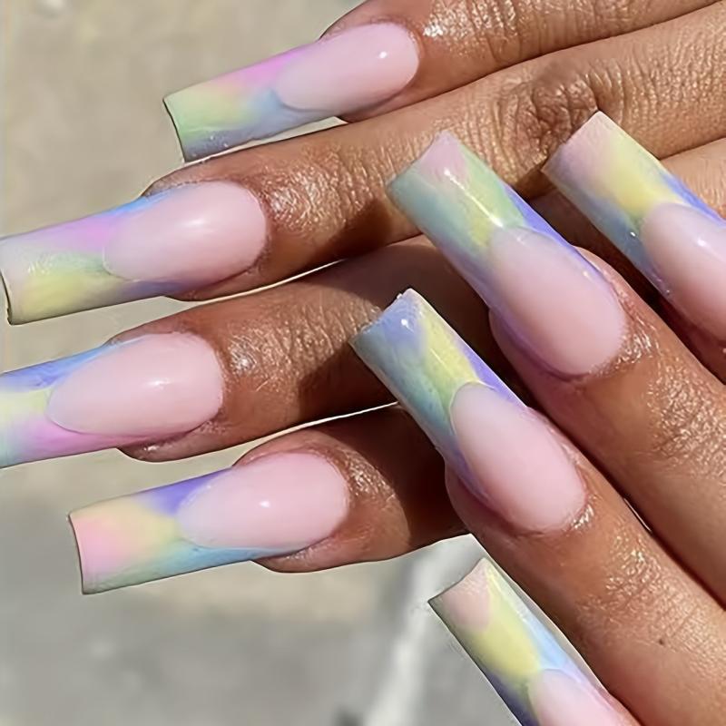 French Long Press On Nails Glossy False Nails 24 Pcs Pink Yellow