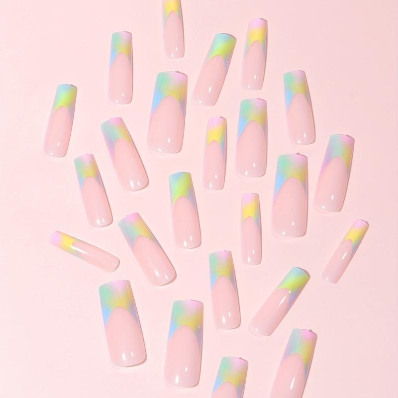 French Long Press On Nails Glossy False Nails 24 Pcs Pink Yellow