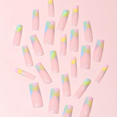 French Long Press On Nails Glossy False Nails 24 Pcs Pink Yellow
