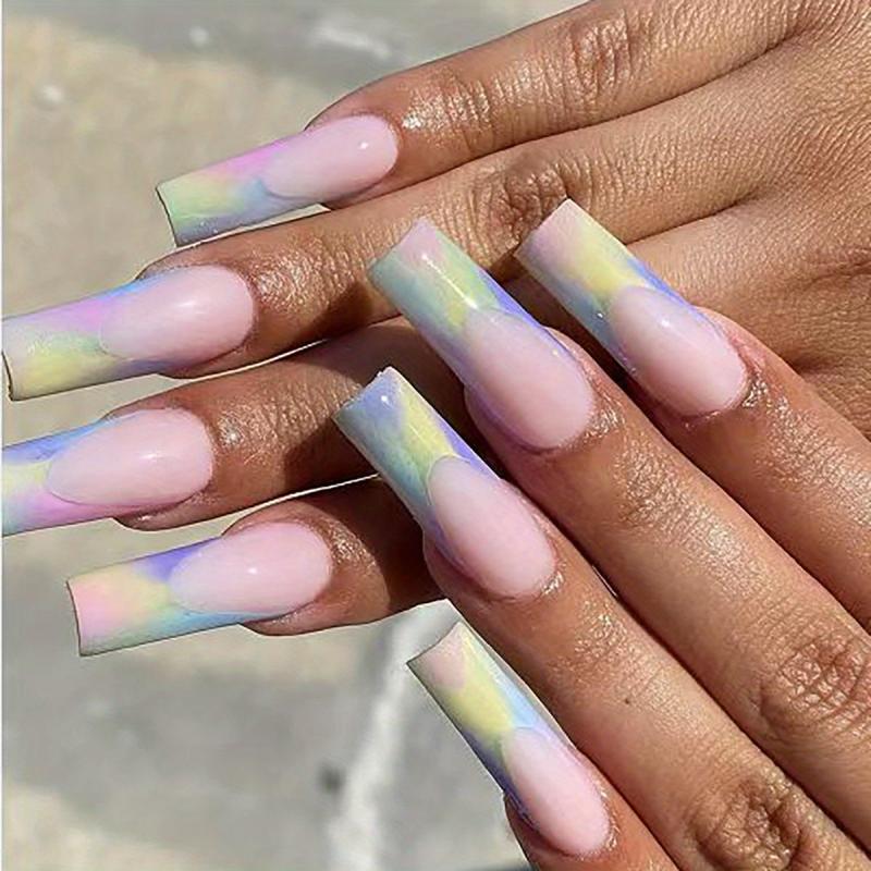 French Long Press On Nails Glossy False Nails 24 Pcs Pink Yellow