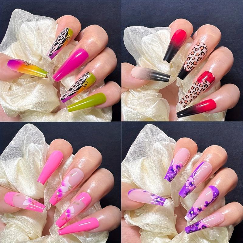 96 Pcs Leopard Flower Press On Nails Set Pink Purple