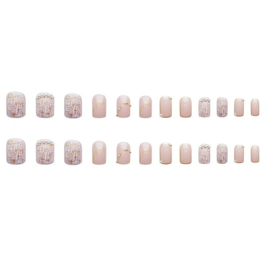 24pcs French Vintage False Nails with 3D Plaid Pearl Decoration