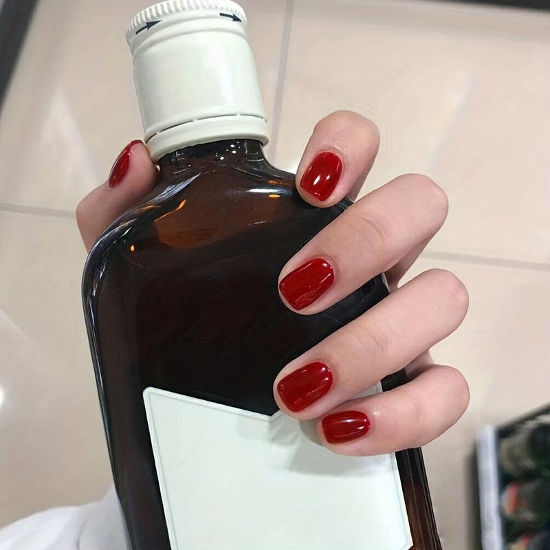 Classic Red Nude Oval Press On Nails Short Length Easy to Apply